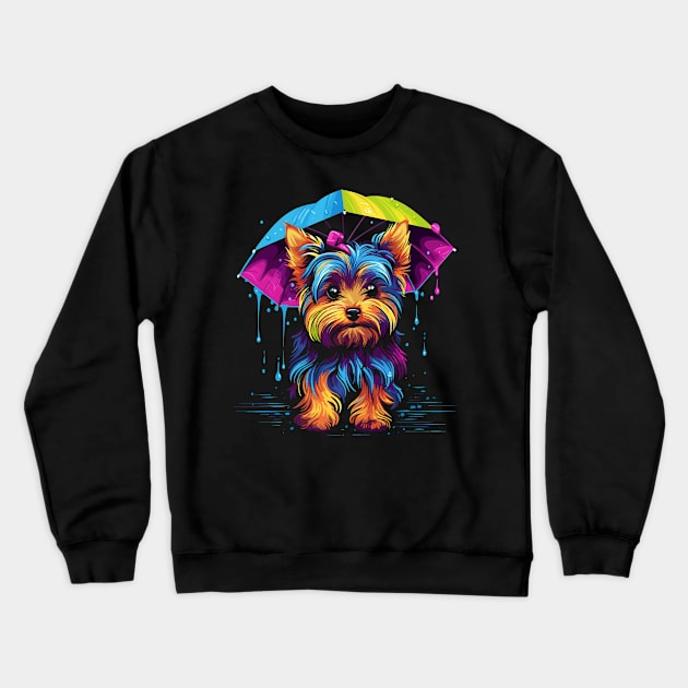 Yorkshire Terrier Rainy Day With Umbrella Crewneck Sweatshirt by JH Mart